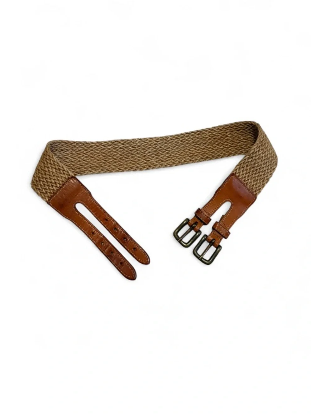 Vintage Banana Republic Woven Cotton and Leather Belt w/Double Brass Buckles